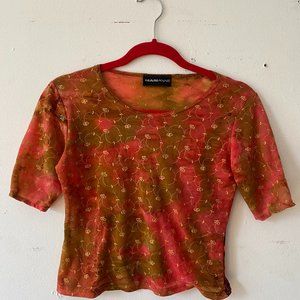 Vintage Y2K Sheer Embroidered Floral Top SIZE S/M